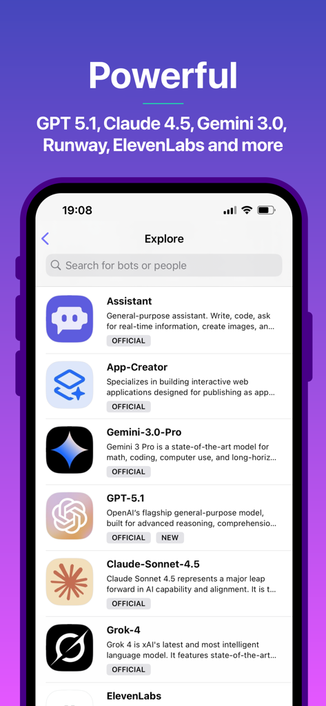 Tela de exploração do aplicativo Poe mostrando uma lista de modelos de IA como GPT e Claude