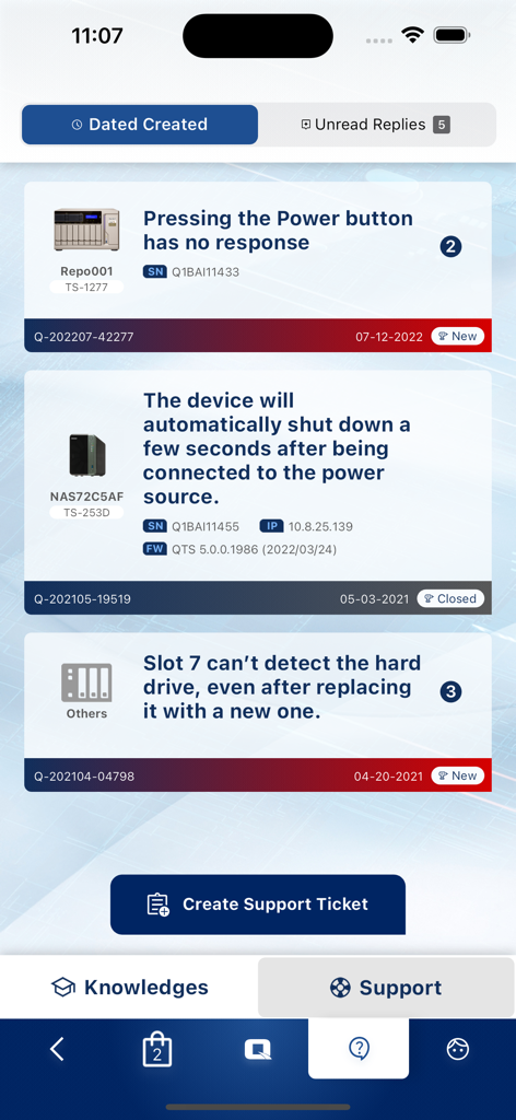 Lista de tickets de suporte de hardware NAS no aplicativo MyQNAP