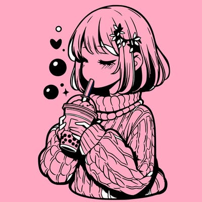 manga girl drinking boba in cozy sweater