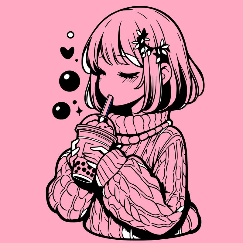 manga girl drinking boba in cozy sweater
