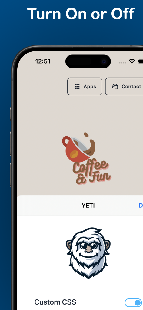 YETI - Custom CSS - Interface do aplicativo YETI Custom CSS em um iPhone mostrando um interruptor para ativar ou desativar estilos personalizados