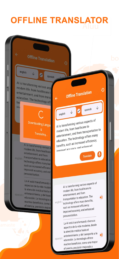 Speak & Translate All Language - Screenshot of the Speak and Translate app showing the offline translation feature from English to Spanish on a mobile device.