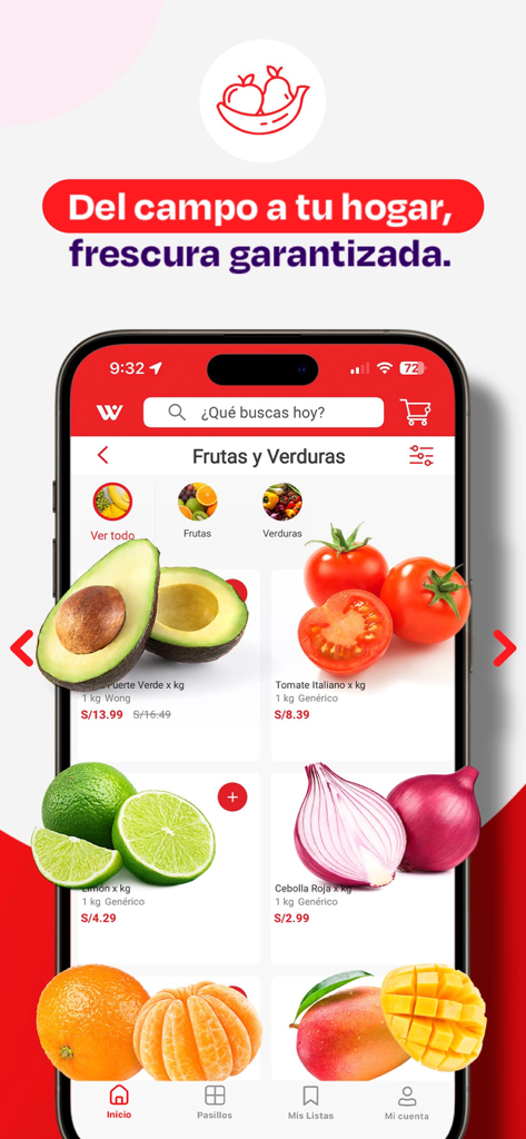 Supermercados Wong mobile app interface showing a variety of fresh fruits and vegetables with pricing