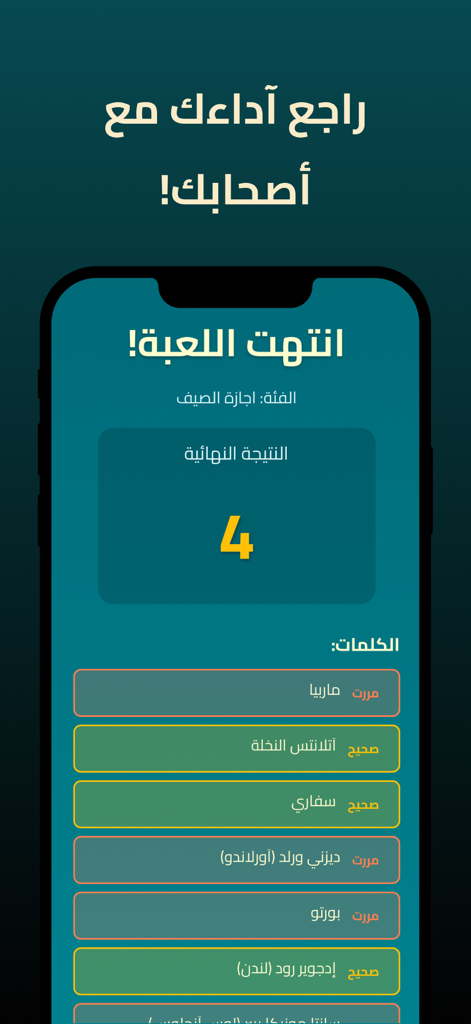 A final score screen in the Madri charades app showing a score of four with correct and passed words in Arabic