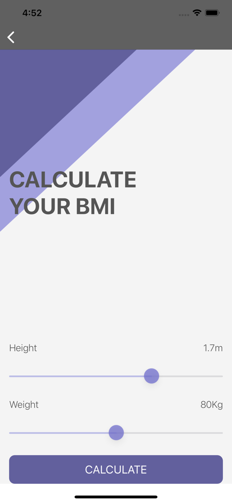 Interfaccia dell'app Fitnesskar per il calcolo del BMI utilizzando cursori per altezza e peso.