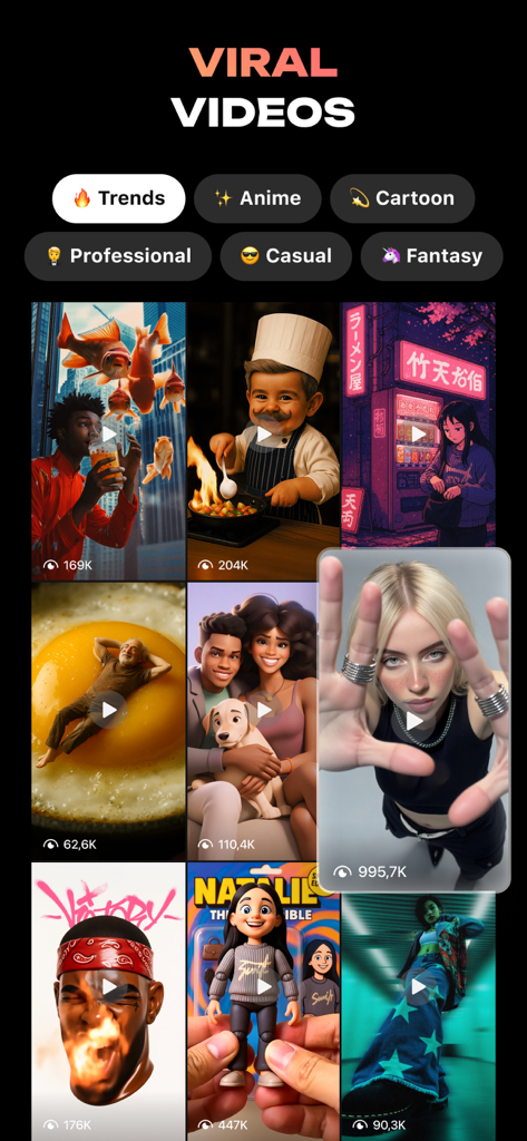 Hula AI: Photo & Video Creator - Hula AI app screen showing a feed of trending AI video creations and category filters like Anime and Cartoon