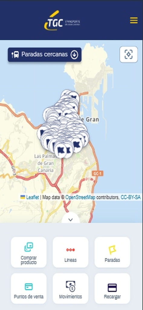 AUTGC - Interfaz de la aplicación móvil AUTGC que muestra un mapa con ubicaciones de paradas de autobús en Gran Canaria