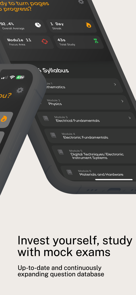 Part-66 Pro: EASA Mock Exam - Mobile app screens showing EASA Part-66 exam study dashboard with performance stats and module syllabus.