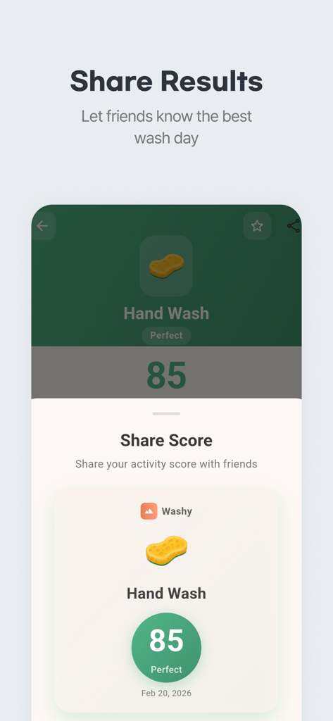 Washy -  Car Wash Weather - Washy app interface showing the Share Results feature with a perfect car wash score of 85.