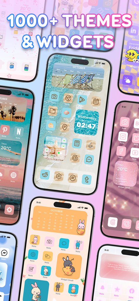 A display of multiple iPhones showing various aesthetic themes and custom widgets