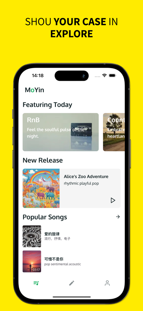 AI Music Composition Tool - Explore screen of the AI Music Composition Tool app showing featured genres and popular songs.