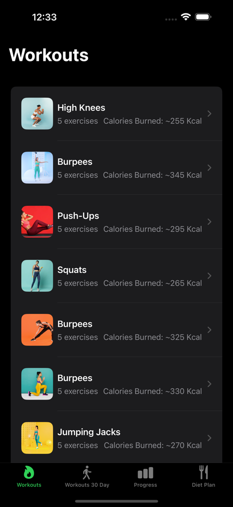 Lose Belly Fat: Women Fitness - Pantalla de selección de entrenamiento para mujeres que muestra tipos de ejercicio y calorías estimadas quemadas.