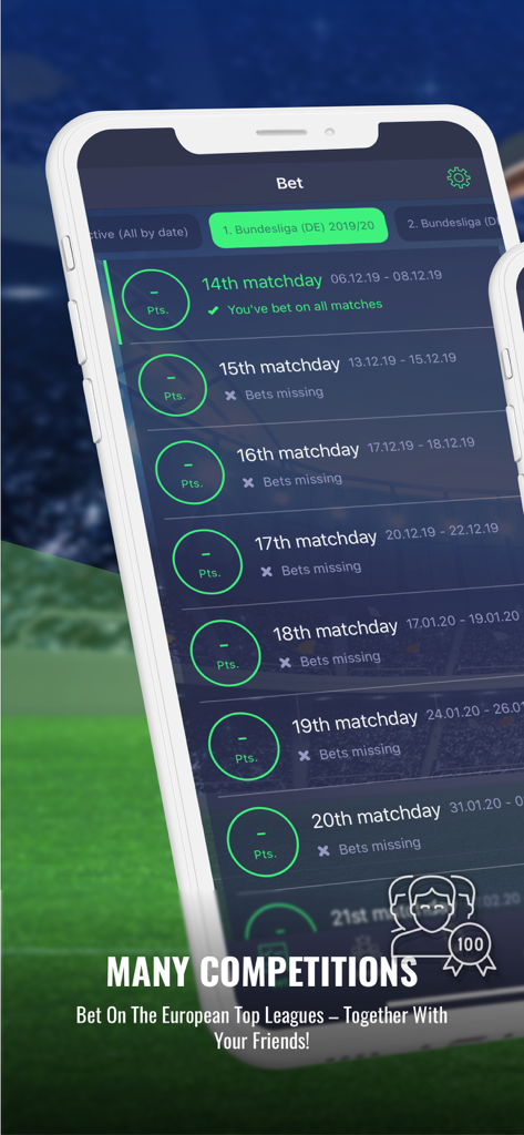 Predictor for Friends app screen displaying a list of Bundesliga soccer matchdays and betting status