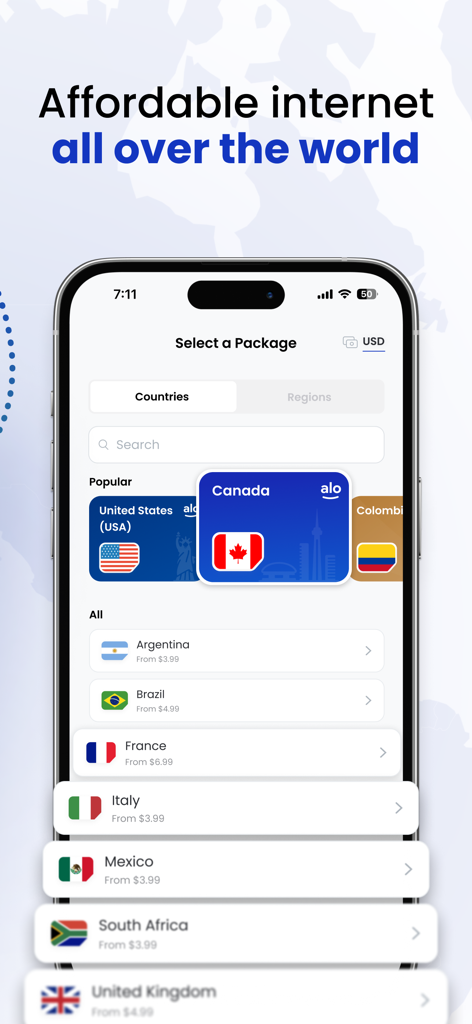 aloSIM: 5G Prepaid Travel eSIM - Screenshot dell'app aloSIM che mostra un elenco di pacchetti dati internazionali prepagati per diversi paesi
