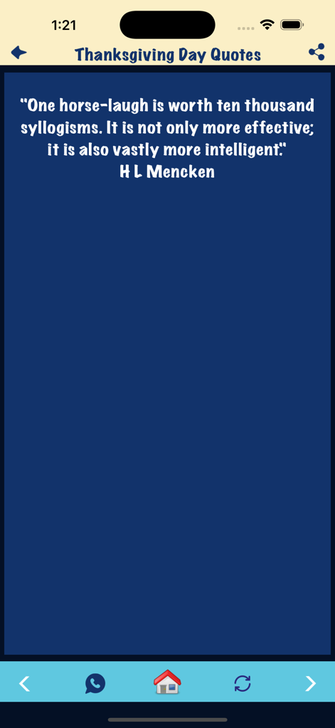 Bildschirm mit Zitaten zum Erntedankfest mit einem Zitat von H. L. Mencken auf blauem Hintergrund