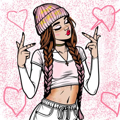 realistic teenage girl with braids and a beanie and crop top doing 🫶🏼