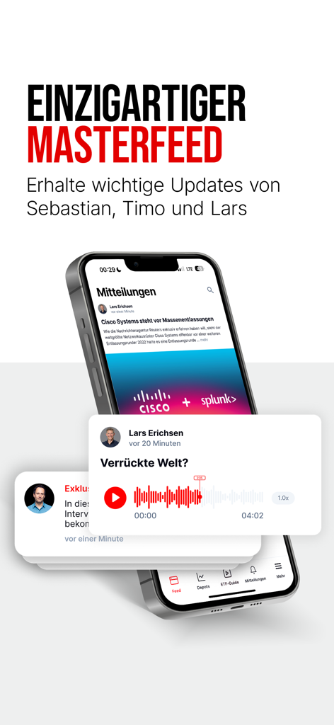 Buy The Dip - iPhone-Bildschirm, der den Buy The Dip App Masterfeed mit Finanzupdates und Expertenmeinungen anzeigt