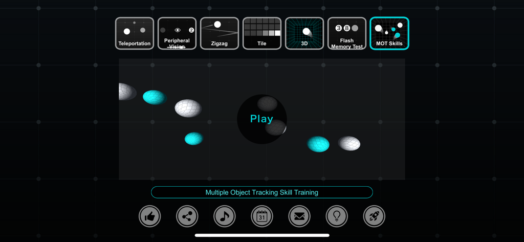 Vision Workout : Eye Training - Vision Workout app interface displaying the Multiple Object Tracking skill training exercise with flying spheres.