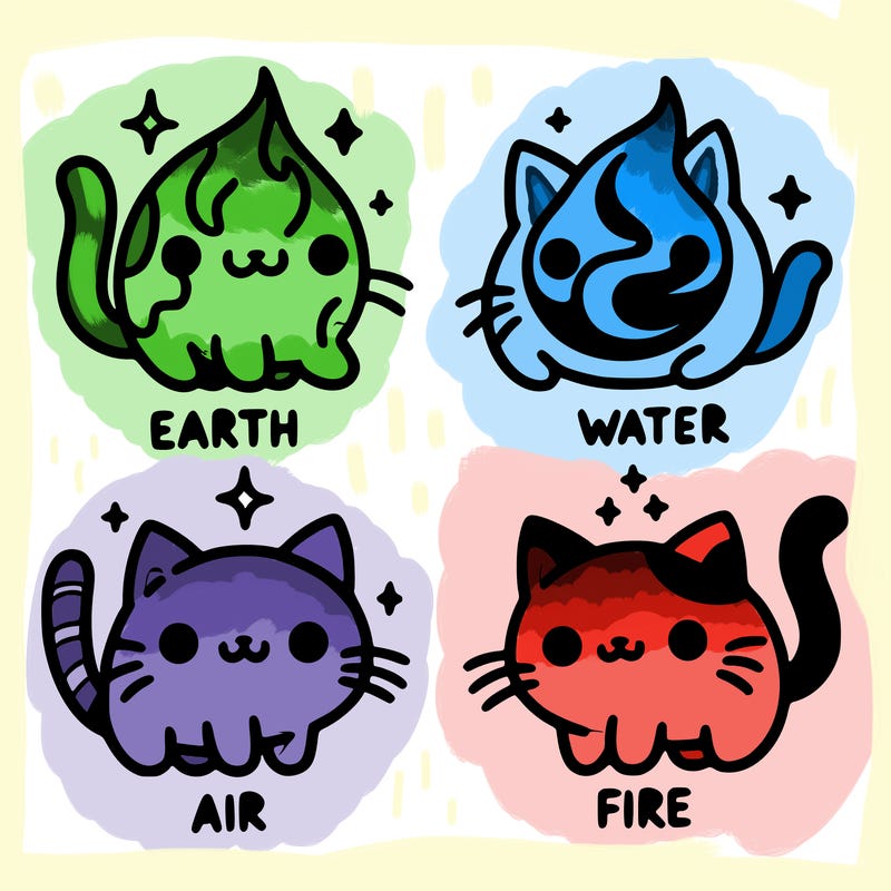 4 cats that represent the different elements, earth, water, air, and fire