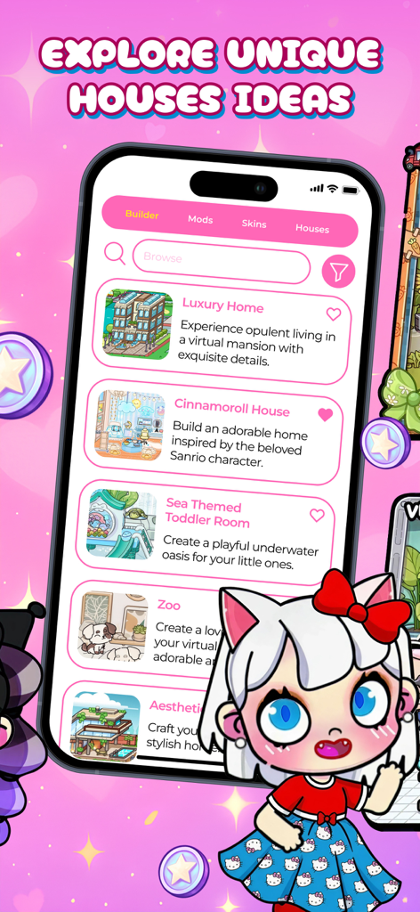 Mobile app screen showing a curated list of house design ideas and themed rooms for Avatar World.