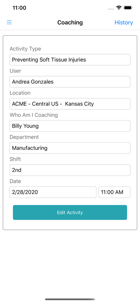 SafeAlign - SafeAlign mobile app interface showing a coaching activity form for safety leadership including location and department details