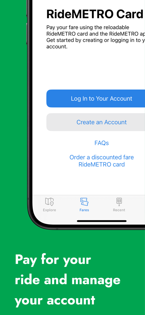 Tela do aplicativo RideMETRO mostrando opções para fazer login, criar uma conta e gerenciar tarifas de trânsito