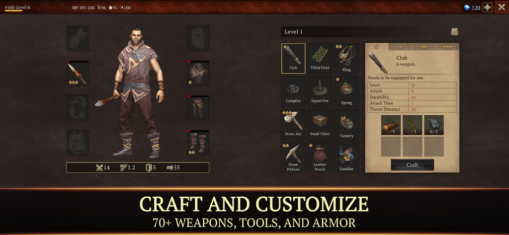 Stormfall 캐릭터 커스터마이징 및 무기, 도구, 갑옷을 보여주는 제작 메뉴