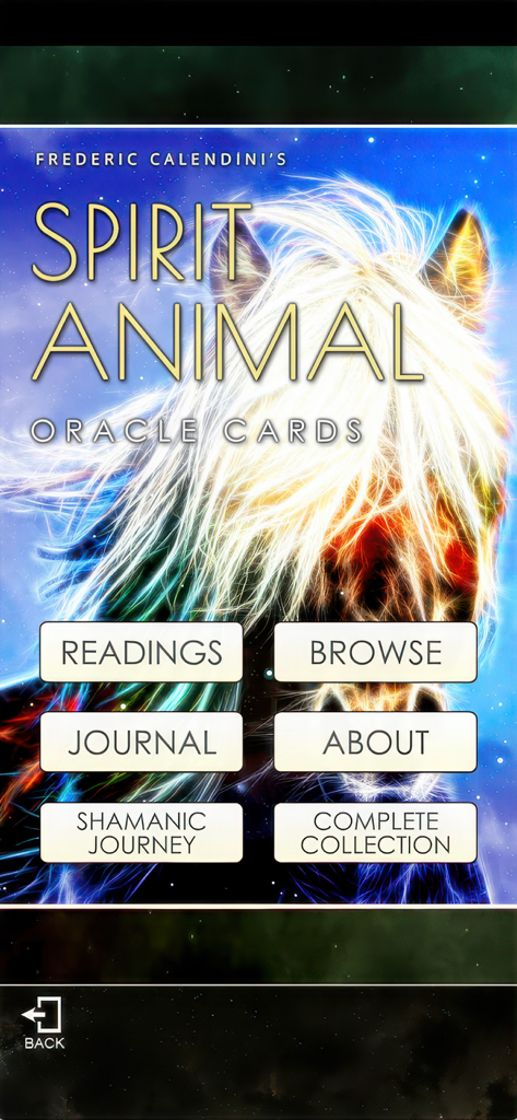 Shamanic Oracle Cards - Hauptmenü der Geisttier-Orakelkarten-App mit einer lebendigen Pferdeillustration und Navigationsschaltflächen für Readings, Durchsuchen und Tagebuch.