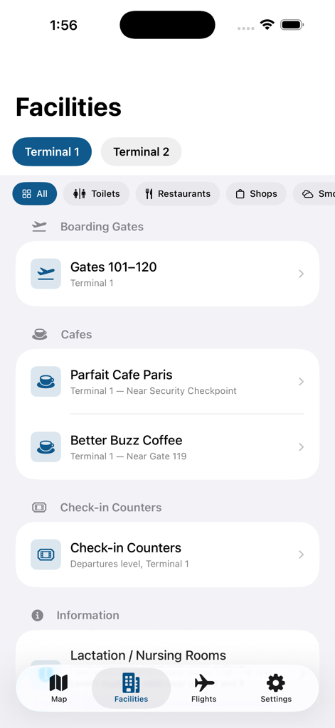 San Diego airport app facilities screen displaying terminal 1 gates and cafe locations