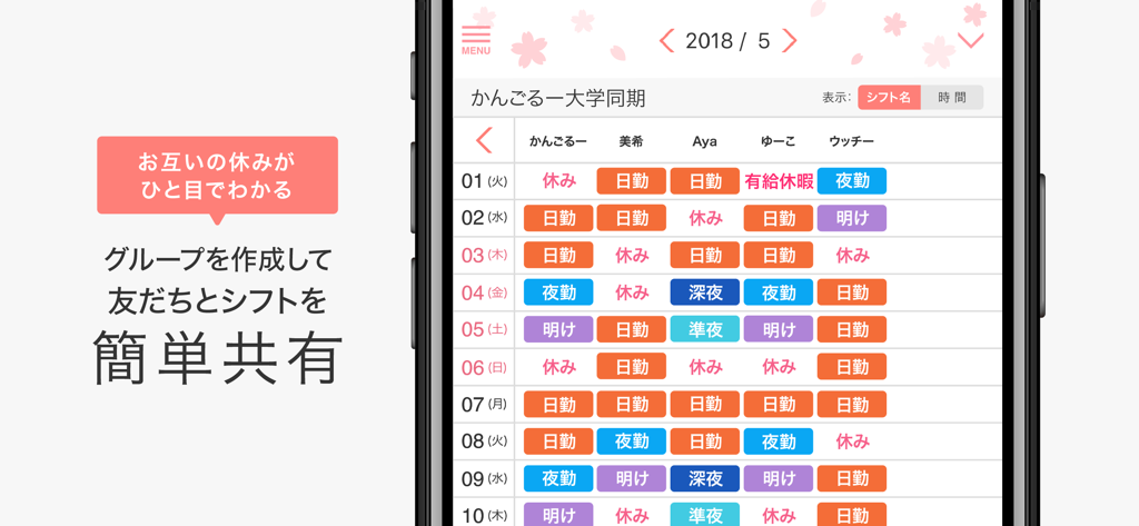 ナスカレPlus+ - 複数の看護師の勤務シフトを並べて表示するナスカレPlusアプリのグループカレンダービュー