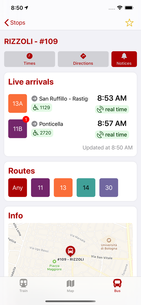 WeBus - Bologna & Ferrara - WeBus app interface showing live bus arrival times and stop location in Bologna