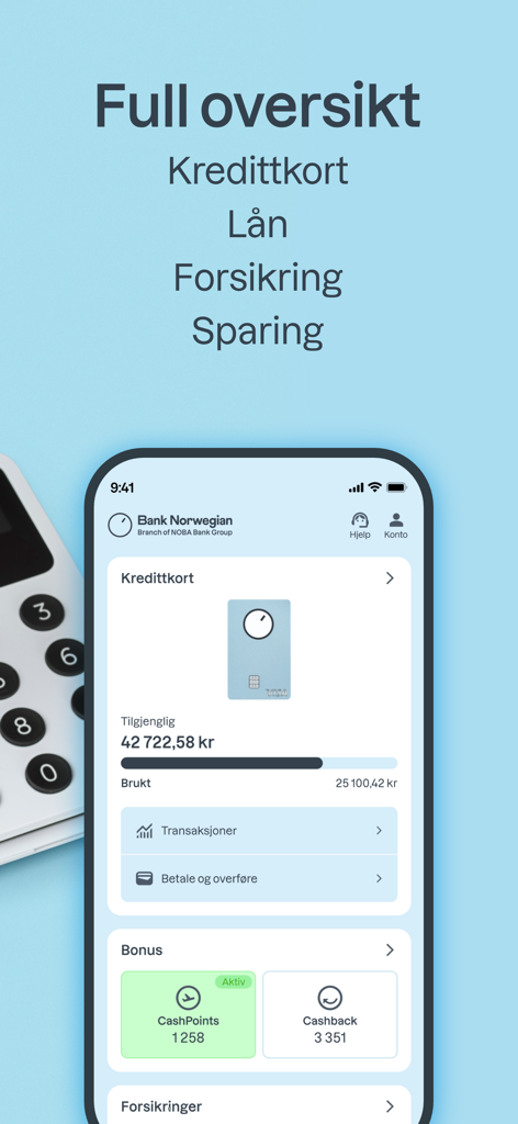 Bank Norwegian mobile app dashboard showing credit card balance and CashPoints rewards