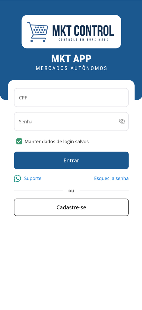 MKT APP - Login screen of the MKT APP for autonomous stores featuring identification fields and registration options.