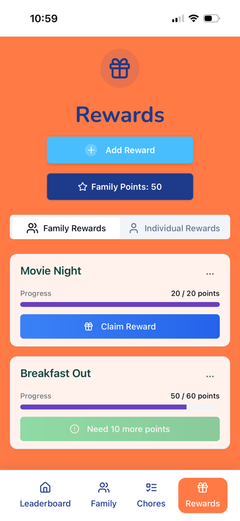 Chore Wars App-Belohnungsbildschirm, der den Fortschritt für Familienziele wie Filmabend und Frühstück auswärts zeigt.