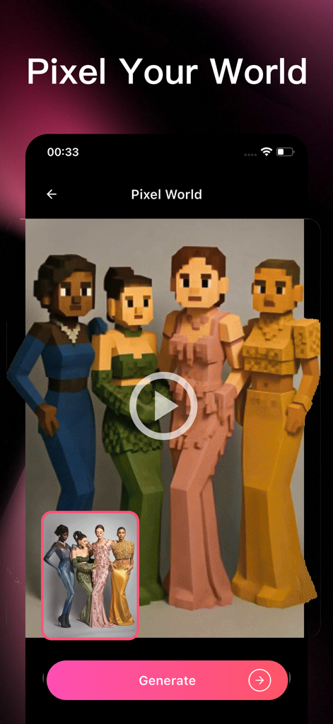 写真をピクセル化された3Dアニメーションに変換するPixel World AIエフェクトを特徴とするLumaアプリインターフェイス