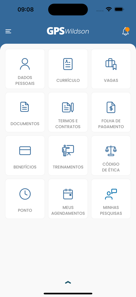 GPSvc - O painel principal do aplicativo GPSvc exibindo ícones para folha de pagamento, treinamento, benefícios e outros serviços ao funcionário