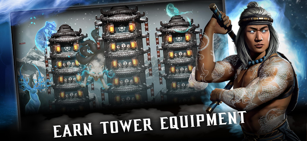 Mortal Kombat - Screenshot di Mortal Kombat Mobile con Liu Kang e le torri dove i giocatori possono guadagnare equipaggiamento esclusivo