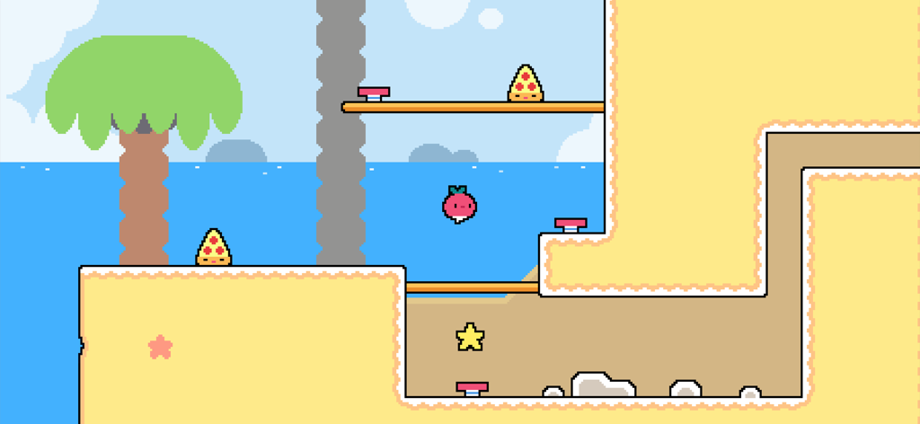 Dadish - A pink radish character jumping in a retro pixel art beach level with pizza slice enemies