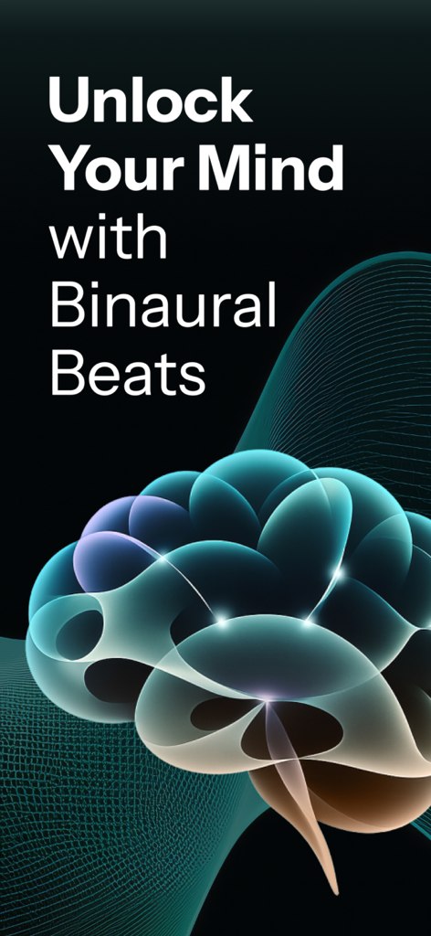 Ilustración de un cerebro brillante con el texto Desbloquea tu Mente con Beats Binaurales para la aplicación Binaura