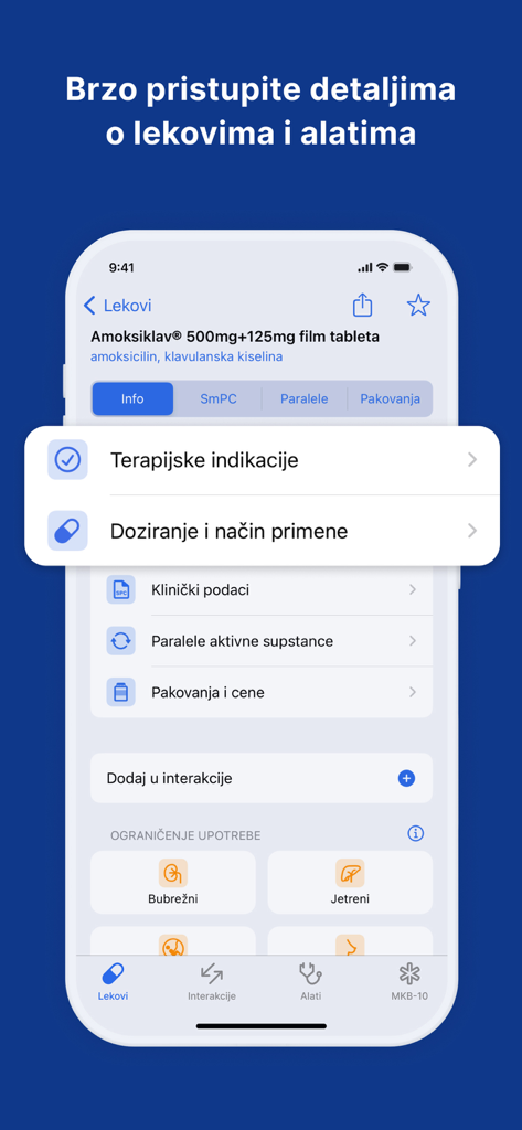 Mediately Baza Lekova - Mobile app interface showing detailed medication information for Amoksiklav, including dosage, indications, and clinical data.