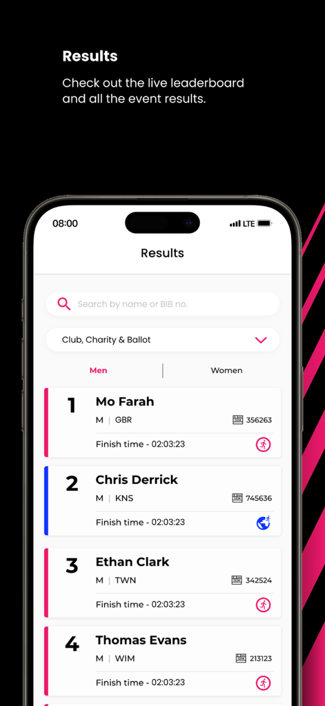 Der Ergebnisscreen der TCS London Marathon App 2025 zeigt eine Live-Rangliste der Läufer mit ihren Zielzeiten.