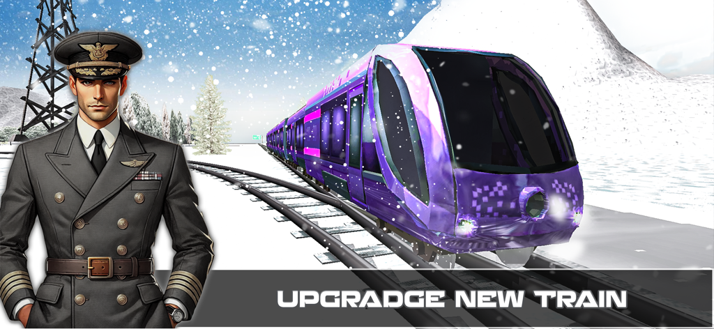 Epic Train Driving Simulator - A train conductor in a formal uniform standing next to a modern purple train on a snowy track with a mountain background.