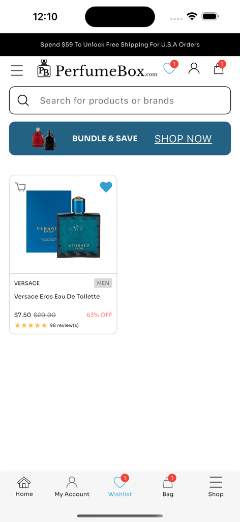 The PerfumeBox - Die The PerfumeBox mobile App zeigt ein rabattiertes Versace Eros Parfüm für Männer.