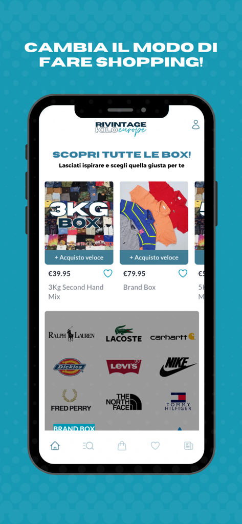 Rivintagekilo - Rivintagekilo mobile app interface showing wholesale vintage clothing boxes and premium brands like Nike and Carhartt