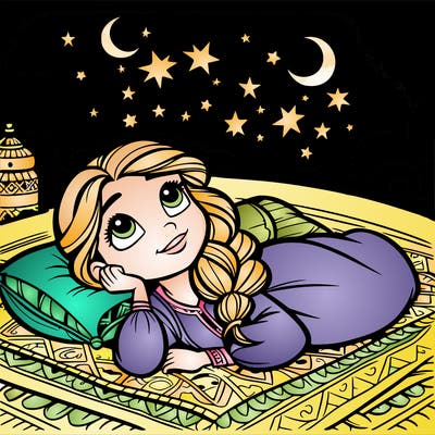 a princess lying on her back on a blanket, looking up at the stars with a dreamy expression.