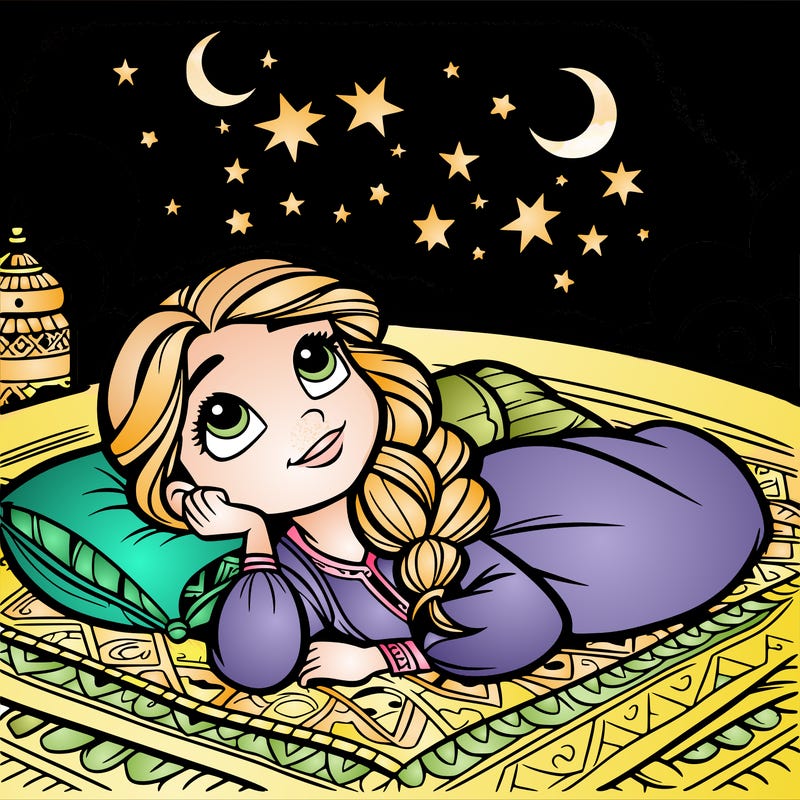 a princess lying on her back on a blanket, looking up at the stars with a dreamy expression.