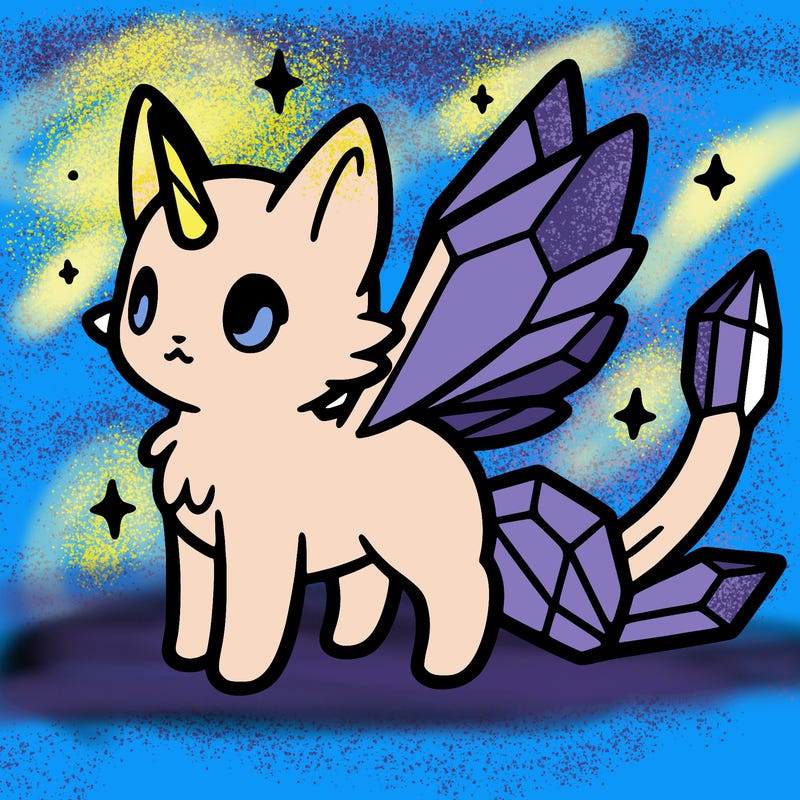 a crystal cat with crystal wings and horn