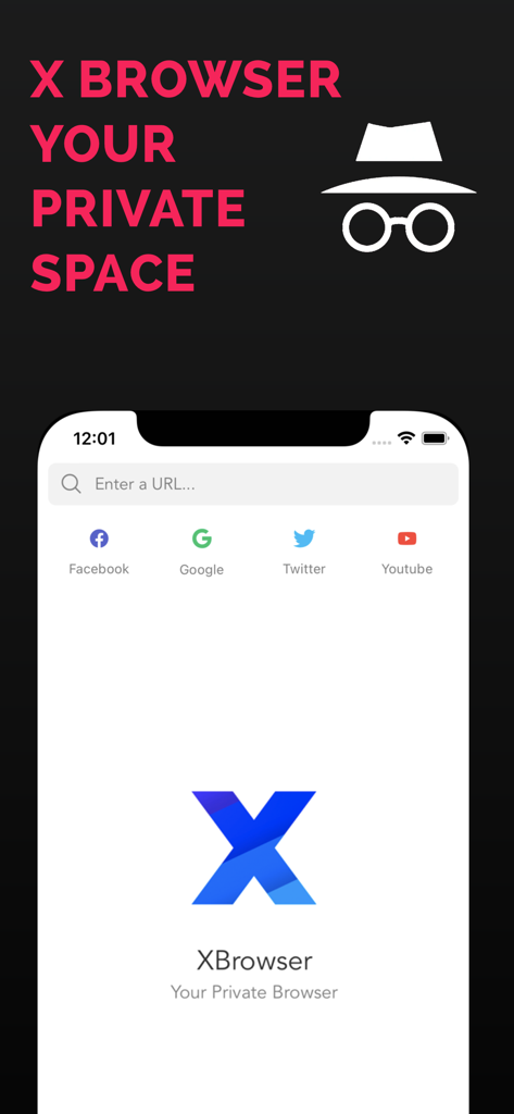 Interfaz de la aplicación X Browser que muestra la barra de búsqueda privada y accesos directos a Facebook Google Twitter y YouTube