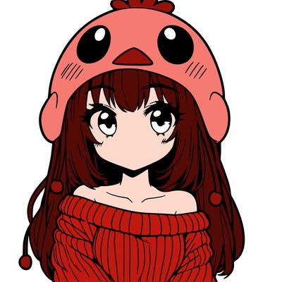 anime girl with chick shaped hat with sweater with bare shoulders with bangs covering them one eye with low tail