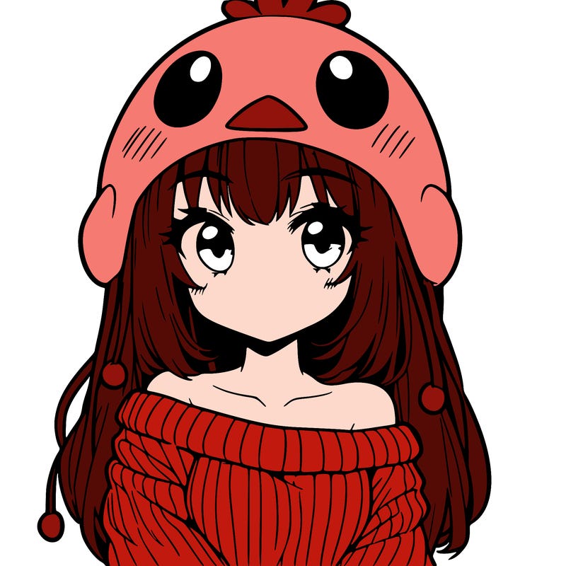 anime girl with chick shaped hat with sweater with bare shoulders with bangs covering them one eye with low tail